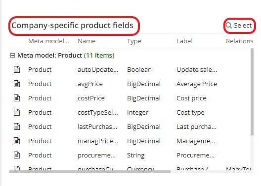 2.4. Add products by company on a product file. In orderd to do this, add products managed differently on the Company-specific product fields table on the Base app page
(Application config → Apps management → Base, configure → Table Company-specific product fields). All products managed differently are found in the table Company-specific product fields.